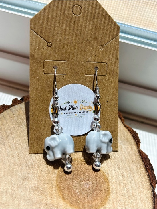 Handmade Jewelry - White Elephant Beaded Dangle Earrings Handmade Animal Jewelry Cute Boho Earrings